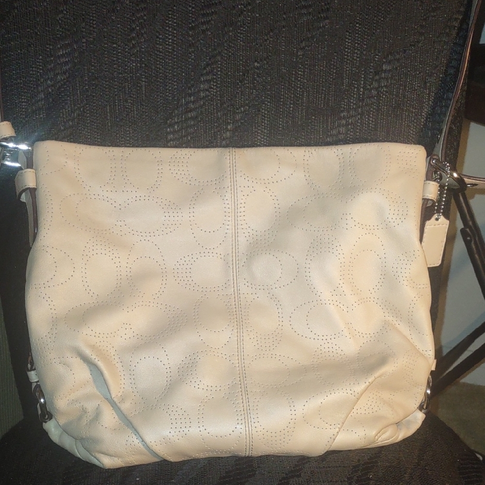 Coach Beige Leather Shoulder Bag Perforated Signature